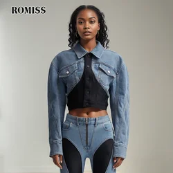 ROMISS women's casual color -colored denim jacket lavage long -sleeved single -breasted street installation retro slim jacket