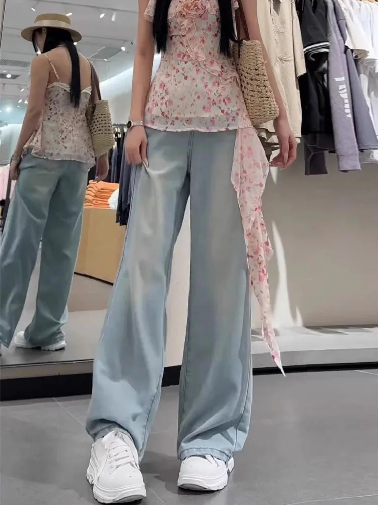 جينز حريري عالي الخصر وواسع الساق للنساء بنطال جينز ضيق مستقيم وفضفاض من الحرير الجليدي للخريف مقاس كبير جينز رقيق المظهر