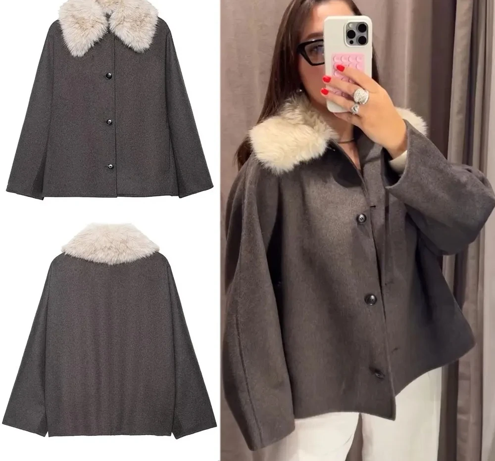 

Women Fashion Faux Fur Lapel Woolen Coat Elegant Solid Long Sleeve Single Breasted Jackets Autumn Winter Lady Street Outwear