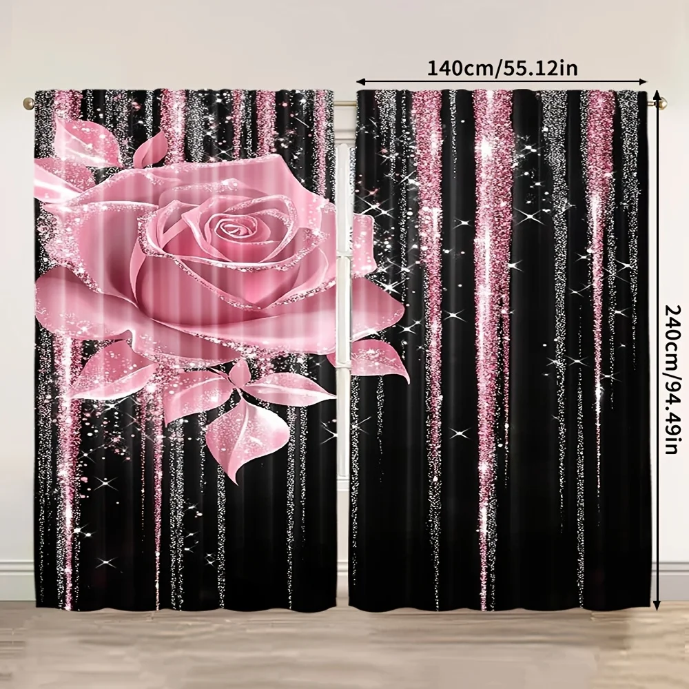Pink Glitter Rose Curtains Black Background Glitter Window Curtains Polyester Shower Curtains Home Decoration Aesthetic Window T