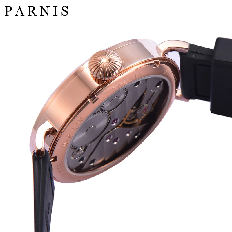 Fashion Parnis 46mm Rose Gold Mechanical Watches Hand Wind Men Wristwatch Leather Strap mechanische uhren 2025 Man Gift Clock