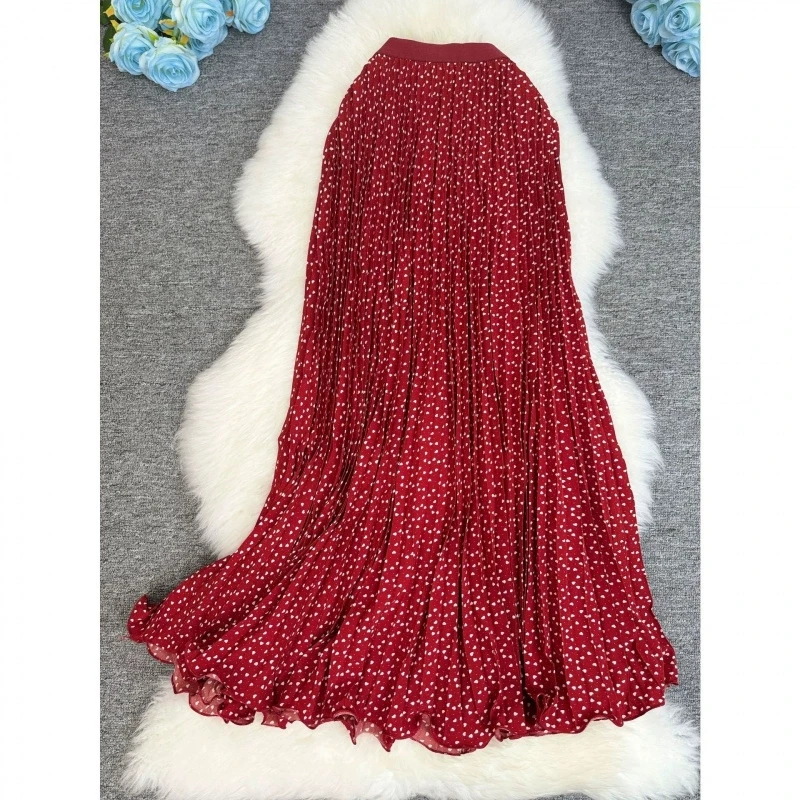 Fashion Love Printed Pleated Skirt Women Spring Summer Autumn Slim Dance Party Beach Long Skirt White Black