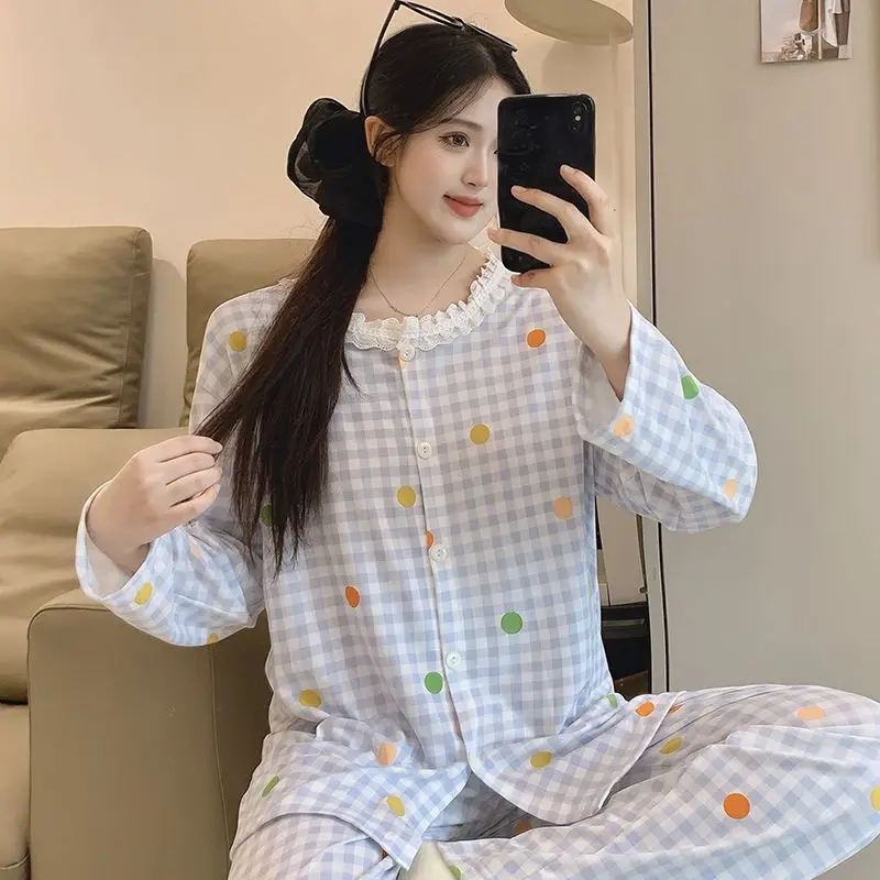 

New Style Girl Homewear Spring Autumn Pajamas Female Sweet Cute Cartoon Grid Korean Version Loose Leisure Student Lounge Clothes