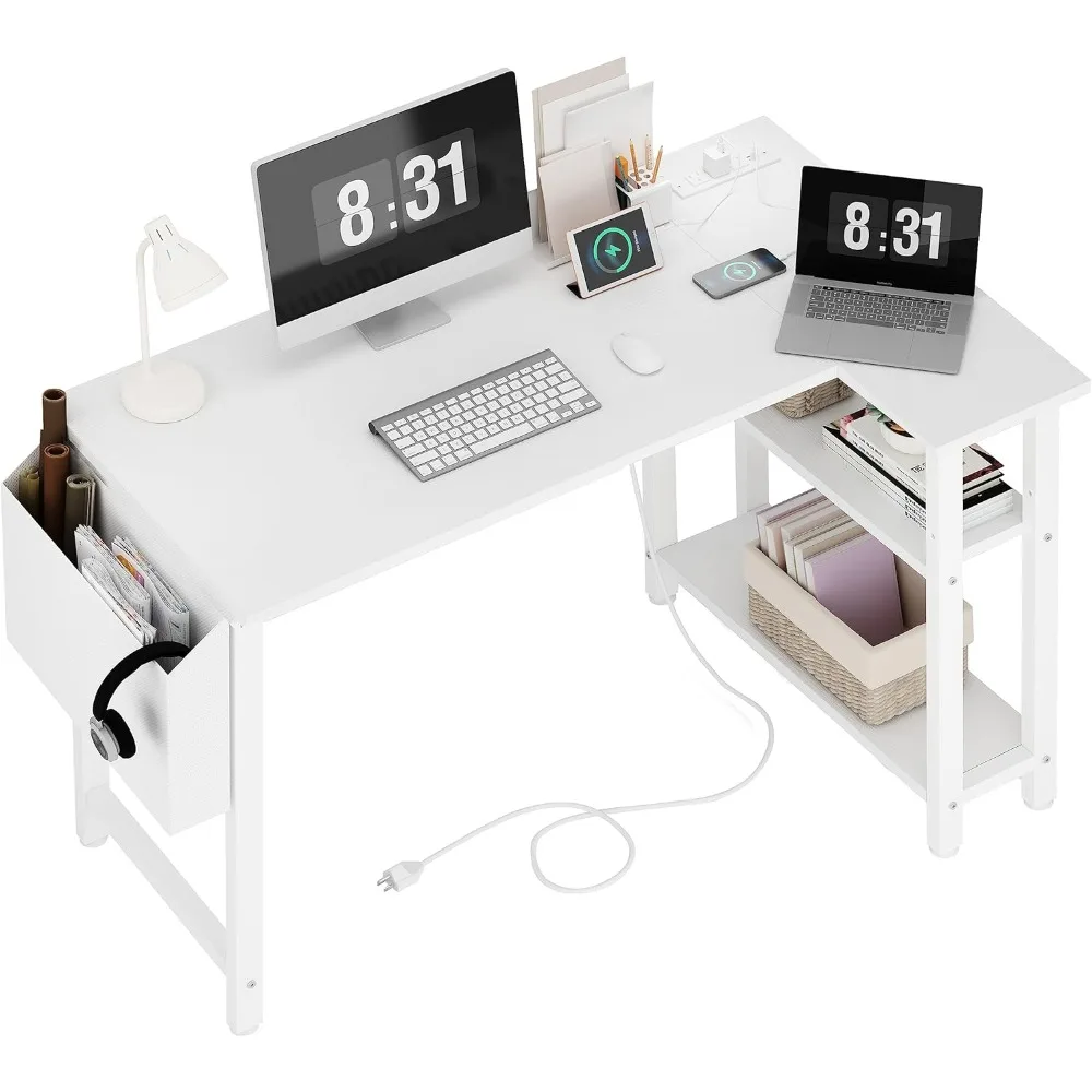 L Shaped Computer Desk with Power Outlet Shelves,40 Inch Small Reversible Corner Desk for Small Space Home Office,White