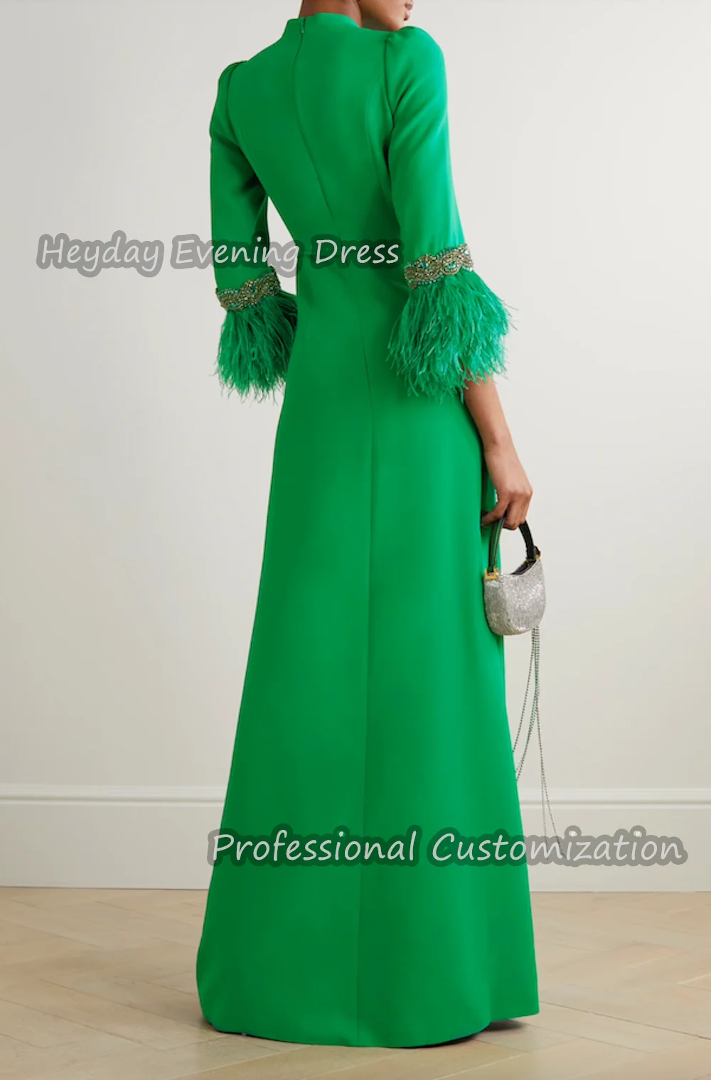 Heyday O-Neck Saudi Prom Gown Crepe Beaded Half Sleeves Sexy A-Line Floor Length Feathers Elegant Dress For luxurious Woman 2024