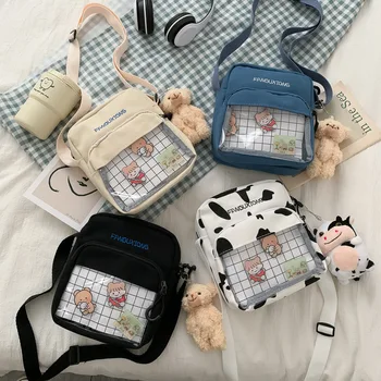 Bolso cruzado de lona para mujer y niña, bandolera de hombro, Kawaii, transparente, impermeable, JK, Itabag