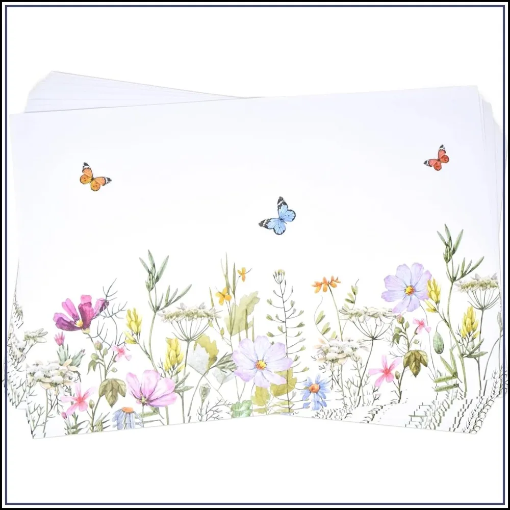 Wildflower Butterfly Paper Placemats 50 Pack, 11x17, Disposable Garden Party Table Setting