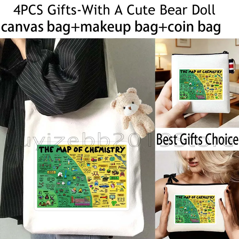 4PCS Gifts Periodic Table Of Elements Biology Chemistry Canvas Tote Bag Cotton Handbags,Cosmetic Makeup Bag,Coin Purse Wallet