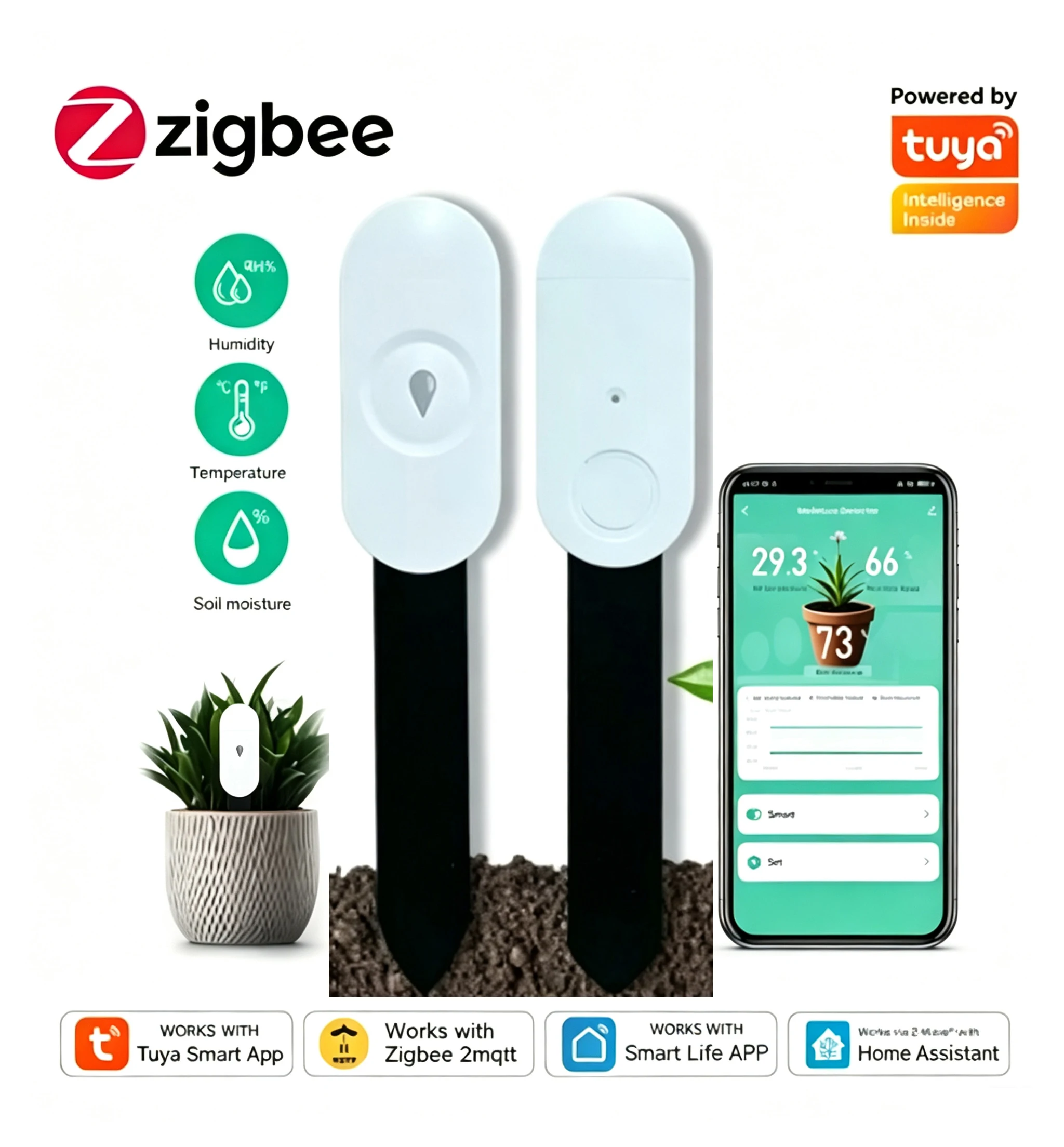 Zigbee Smart Soil Detector Work With Tuya APP Moisture Temp Humidity Luminance Tester Indoor Outdoor Potted Garden Plant Sensor