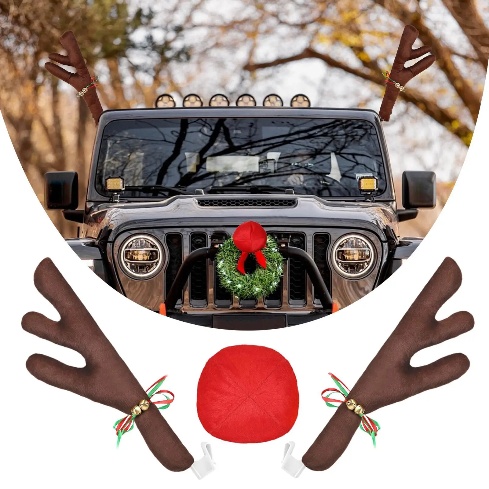 2025 Christmas Car Antler Ornament Auto Reindeer And Red Nose Set Car Deer Horn Christmas Decoration for Holiday Hunting Events