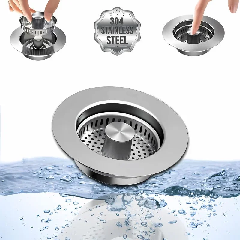 3 in 1 Kitchen Sink Drain Strainer Stainless Steel Pop-Up Sink Stopper Removable Sink Stopper Anti Clogging Sink Food Strainer