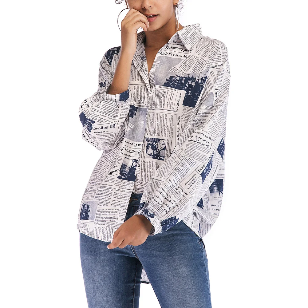 

Women Fashion Newspaper Shirt Single-Breasted Lapel Long-Sleeved Comfortable for Spring Summer Blue Size M Chic Stylish