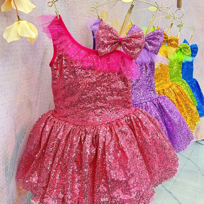 여자 스팽글 발레 댄스 드레스 원 숄더 Tulle Ruffle Bow 장식 다채로운 파티 공연 투투 드레스