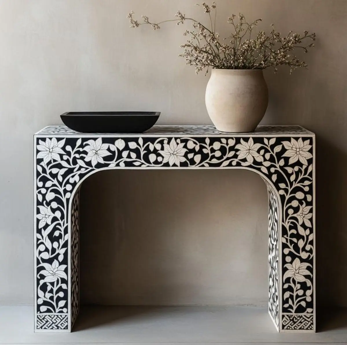 Entrance table with traditional bone inlay craftsmanship, luxury wooden hall furniture with handmade decorative surface patterns