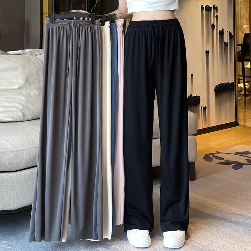 

2025 шикарные женские брюки с высокой талией, мешковатые широкие брюки из ледяного шелка для девочек, Лидер продаж, женские классические однотонные брюки для отдыха