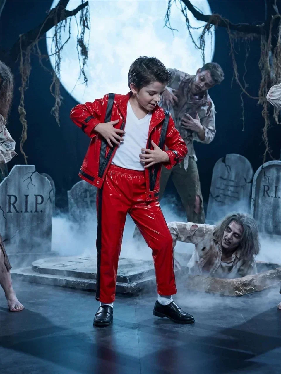 Boys Michael Red Leather Jacket Pant Set Jackson Halloween Scary Night 80s Vintage Pop Singer Thriller Party Performance Costume view 2