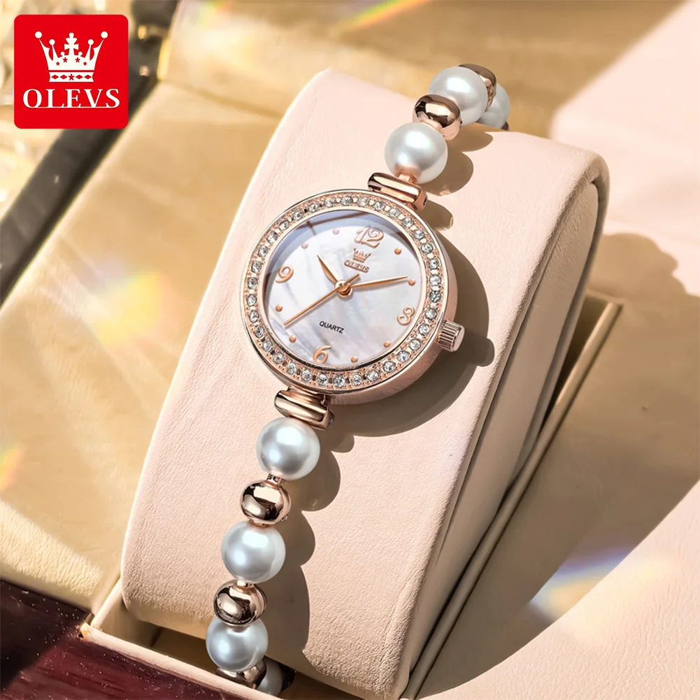 OLEVS Luxury High Quality Women Watch Waterproof Rose Gold Rhinestone Case Pearl Bracelet Watches