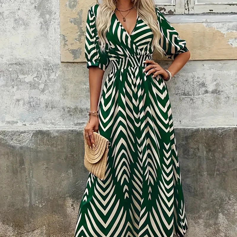 

Elegant Stripe Printed Women's Summer Long Dress Beach Bohemian Maxi Dresses Female Clothing Sexy V-Neck Skirt Sundress Vestidos