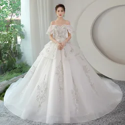 MANRAY 2023 New Luxury Off The Shoulder Wedding Dress Shiny Applique Bridal Dress Ball Gown Vestido De Noiva With Long Train