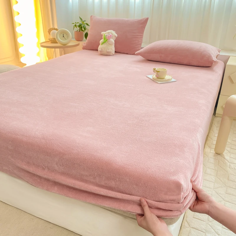 

Autumn Winter Milk Velvet Bed Hat Solid Color Thickened Bed Cover 360 Degree Wrap with Elastic Mattress 150x200 180x200 Bedding