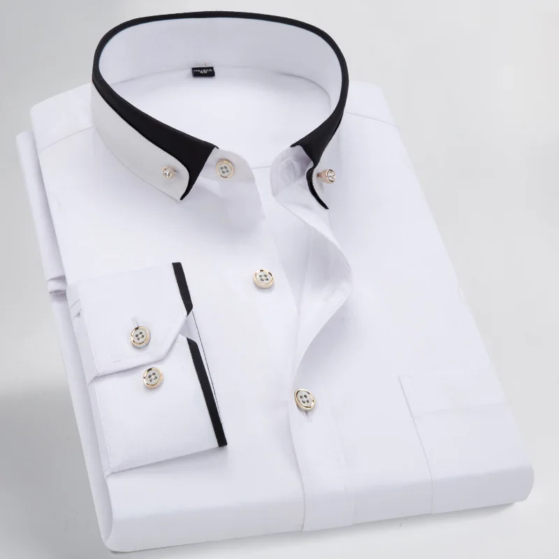New Men's White Tie Buckle Double Collar Slim Fit Shirt No Ironing Stretch Patchwork Men Dress Shirt