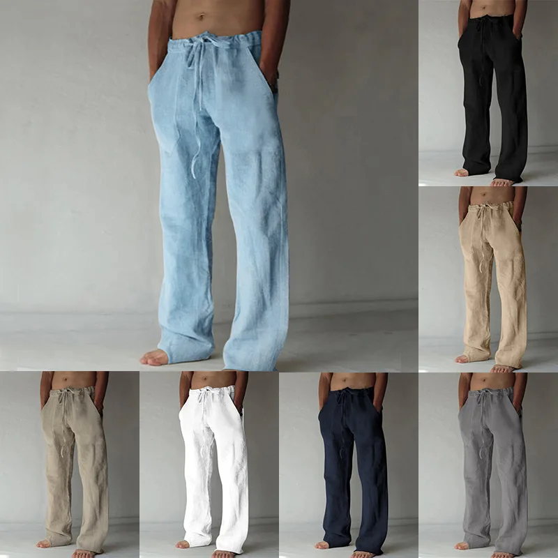 Pantalones de lino y algodón para hombre, pantalón informal, suelto, transpirable, Color sólido, longitud completa, con cordón, para Yoga, Primavera