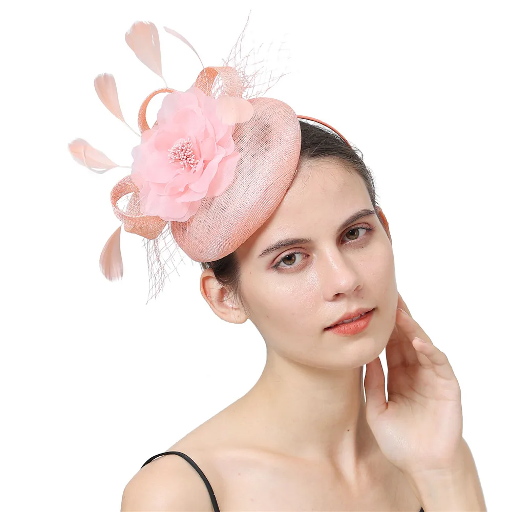 

Pink Fascinator Sinamay Hat Cocktail Women Party Fascinator Headband Vintage Millinery Veils Headwear For Wedding Hair Accessory