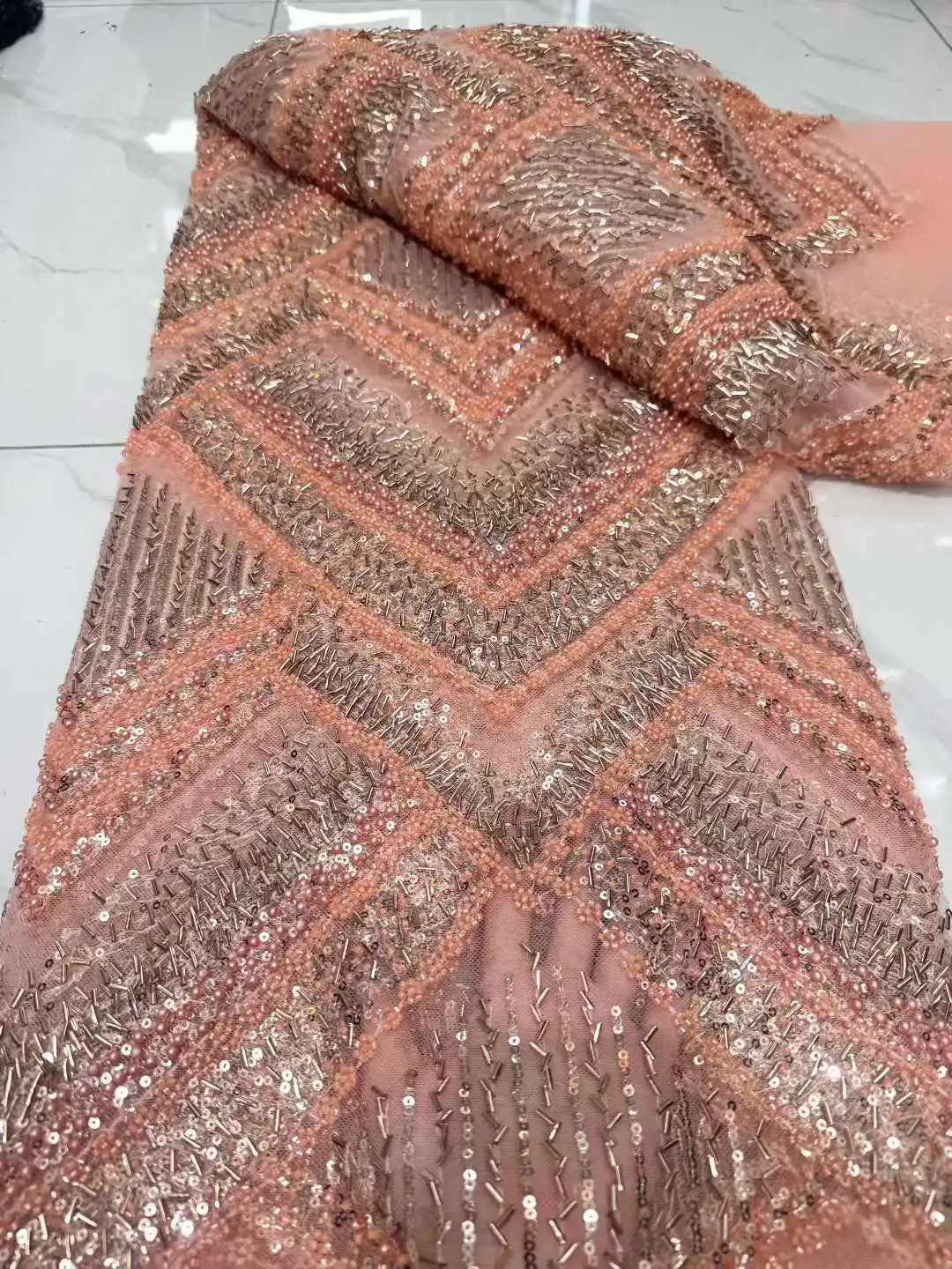 African Nigerian 2025 High-Quality Sequins Tulle Lace Fabric for Prom Dresses Beads Chiffon Embroidery Sewing Net Cloth 5Yards