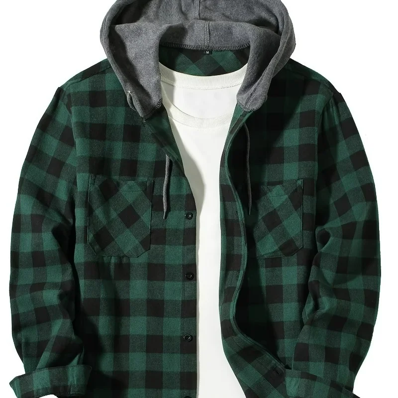 New Coat Spring and Autumn Men's Loose Plaid Hooded Shirt Large Size Fashion Casual Long Sleeved Shirt Street Style S-3XL