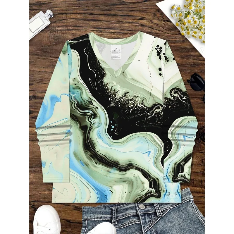 Women's Casual Fashion Long Sleeve T Shirt Minimalist Elegant Abstract Painting Gradient Tie Dye Marble All Over Print Breathabl