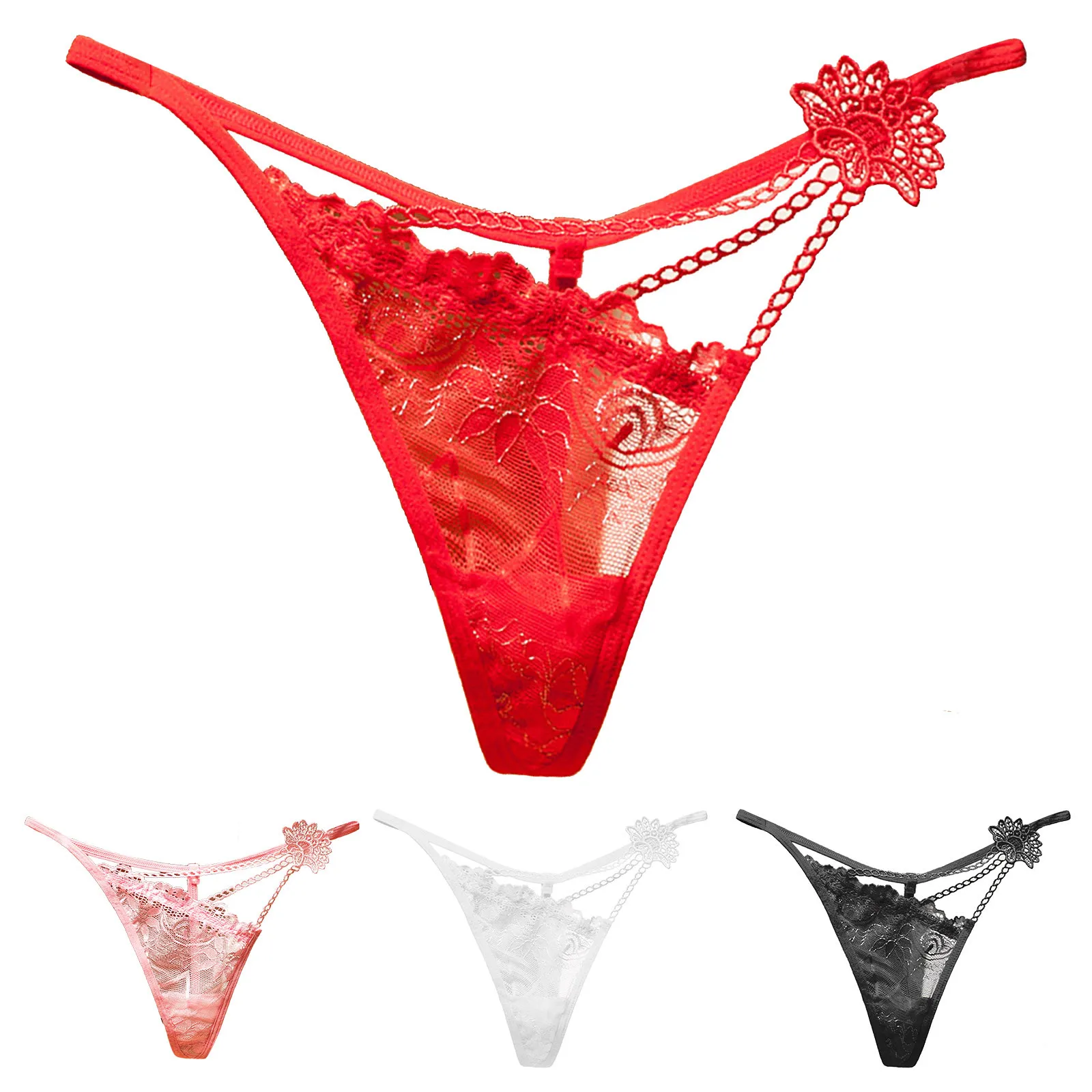 Sexy Transparent Mesh Women\'s Mini Thongs Hollow Out Lace Embroidered Panties Chain Ultra-Thin G-String Tangas Para Mujeres