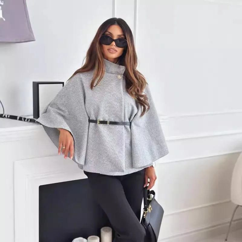 Batwing Sleeve Cape Coat with Belt Streetwear Clothing High Neck Single Button Poncho Blouses Elegant Clothes for Woman