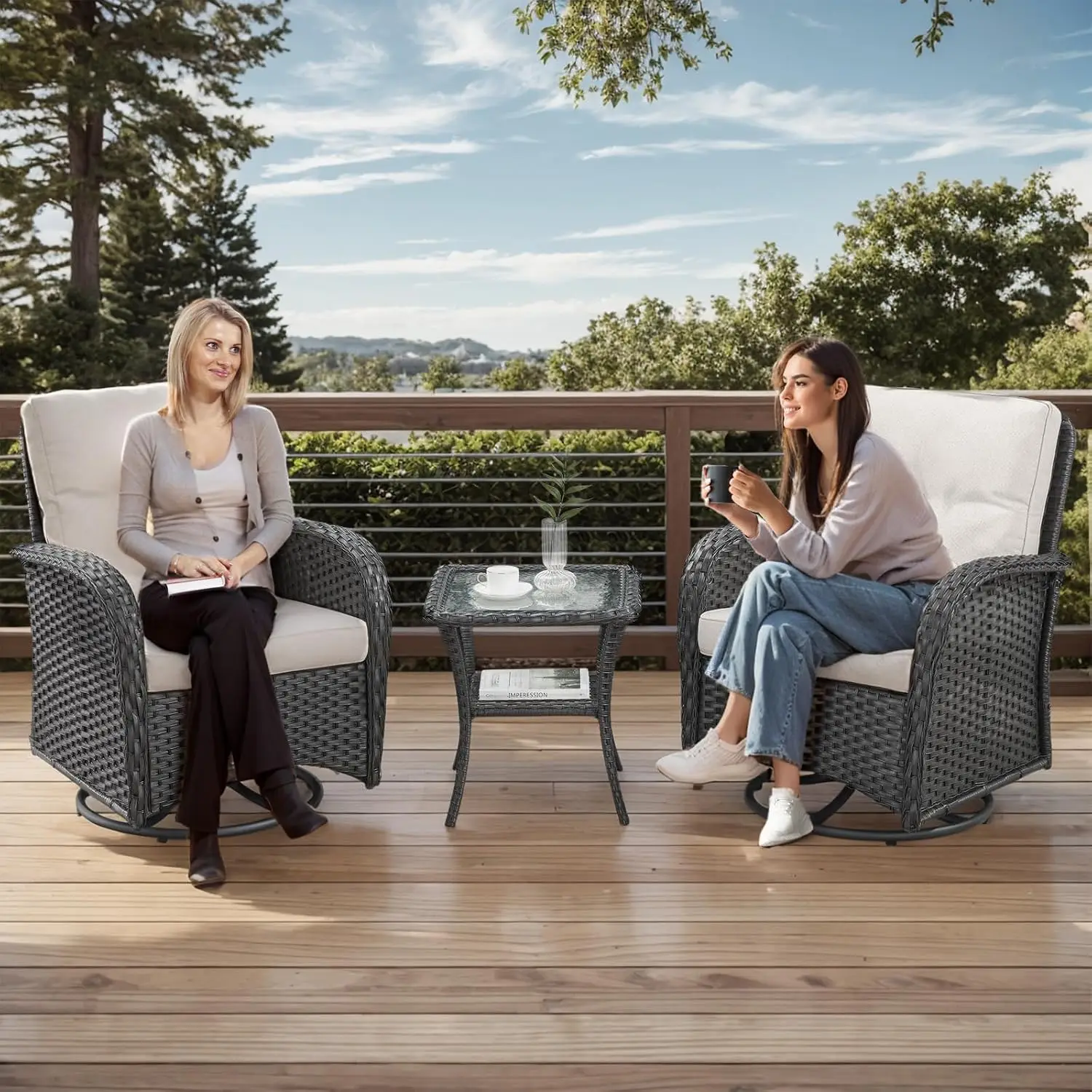 Outdoor Swivel Glider Chair 3 Piece Patio Set With Glass Side Table For Balcony Porch Wicker Beige Cushion, Customized