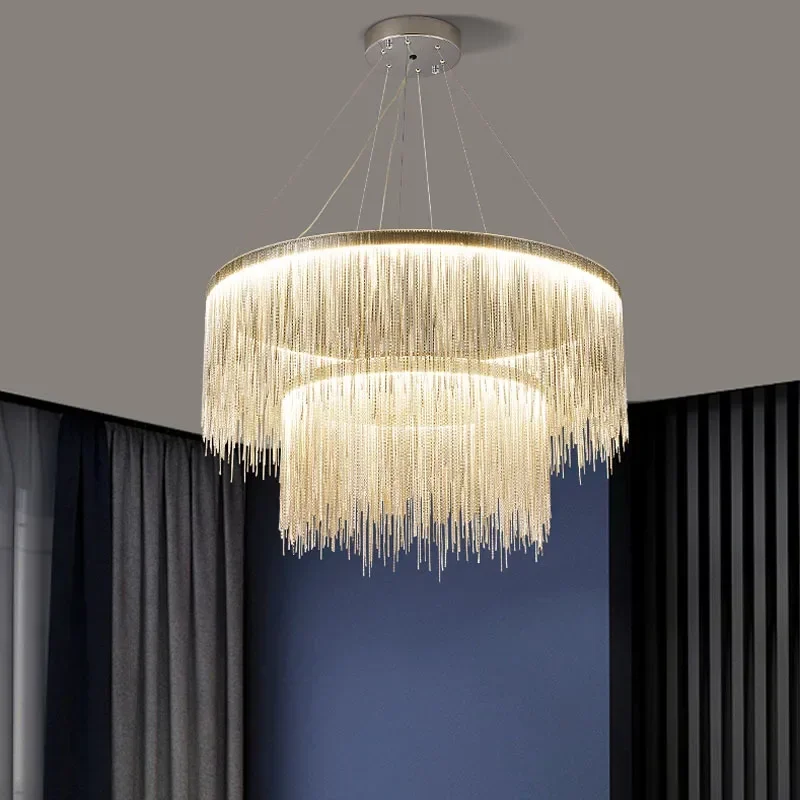 Imagem -02 - Alumínio Cadeia Tassel Chandelier Iluminação Decoração Interior Lâmpada Led Pendant Drop Light Design Retangular Prata e Ouro Moderno