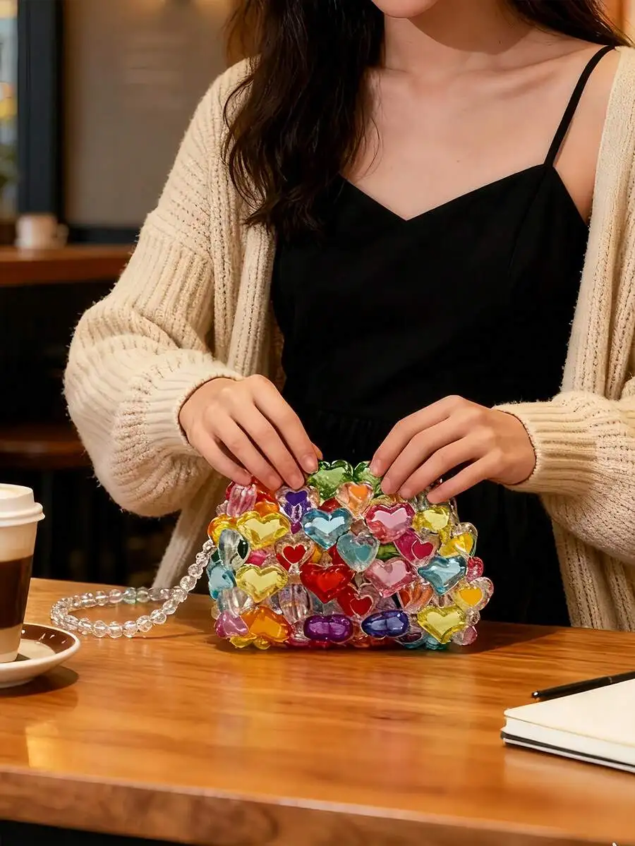

Colorful Heart-Shaped Beaded Mini Square Purse For Women, Festival Party Accessory, Valentine’s Day Gift Idea