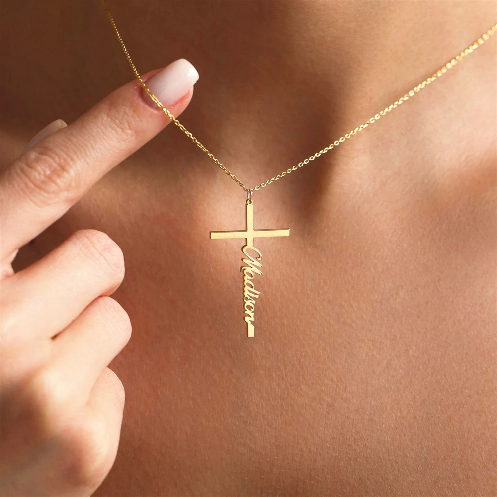 

Cross Name Necklace Baptism Gift Personalized Cross Necklace with Name Choker Christian Jewelry for Women Men Gold Color Chain