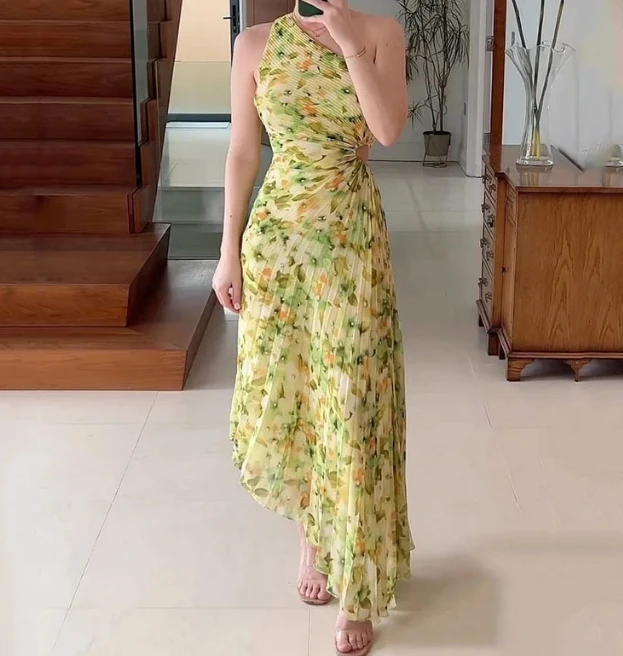 

Summer New Casual One Shoulder Sleeveless Printed Long Dress One Shoulder Fragmented Flower Folded Hollow Irregular Dress