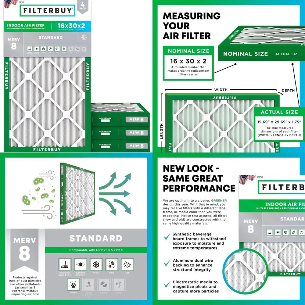 

4-Pack MERV 8 Pleated Air Filters 16x30x2, Dust Defense Replacement for HVAC AC Furnace Systems