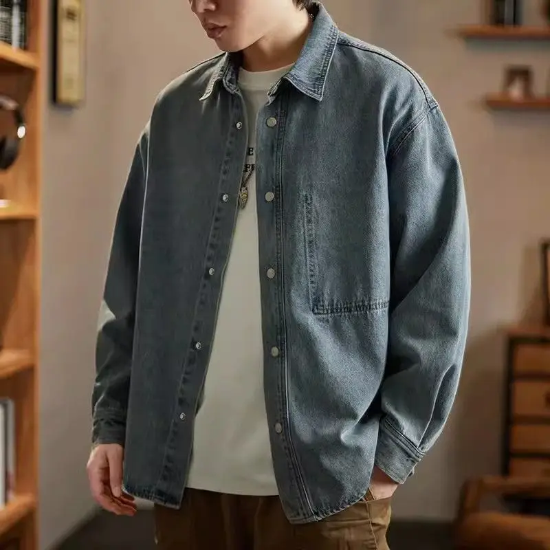 

Loose Fit Men's Denim irt Long Sve Casual Sle Autumn Spring Trendy Outerwear Retro Large Size Cotton Polyester Blend