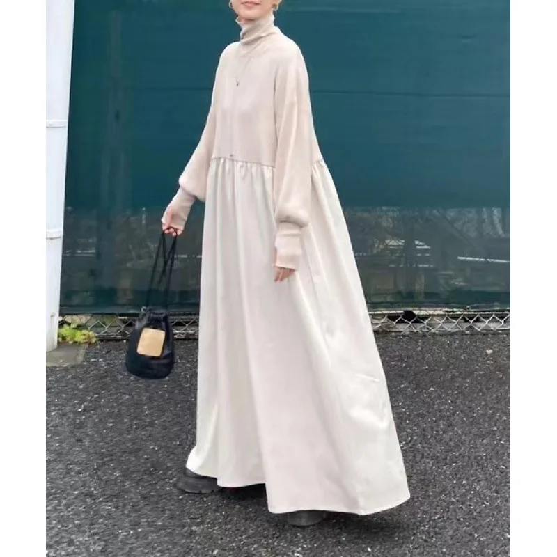 

Japanese Autumn and Winter Loose Turtle Neck Stitching Skirt Long Sleeve Temperament Women's Dress