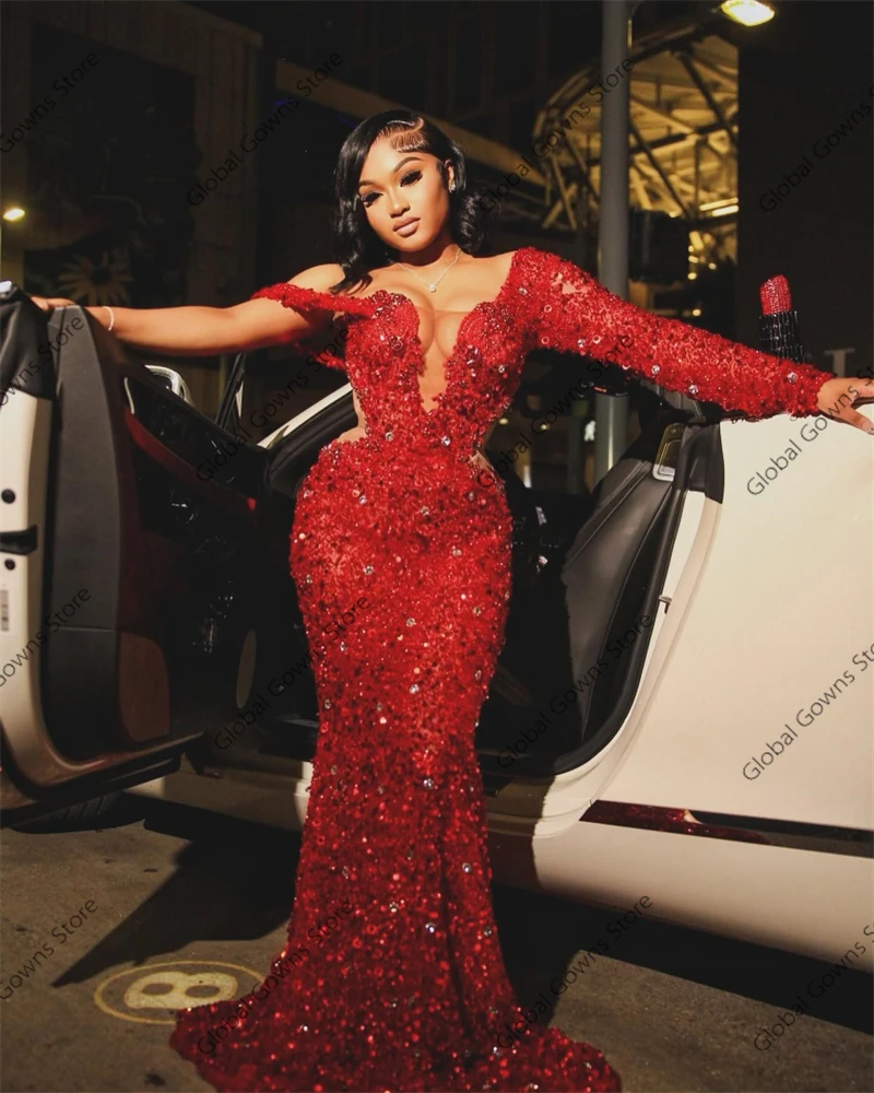 Red One Shoulder Luxury Deal Long Prom Dress For Black Girls 2024 Bead Rhinestone Birthday Party Dresses Evening Gown Customized