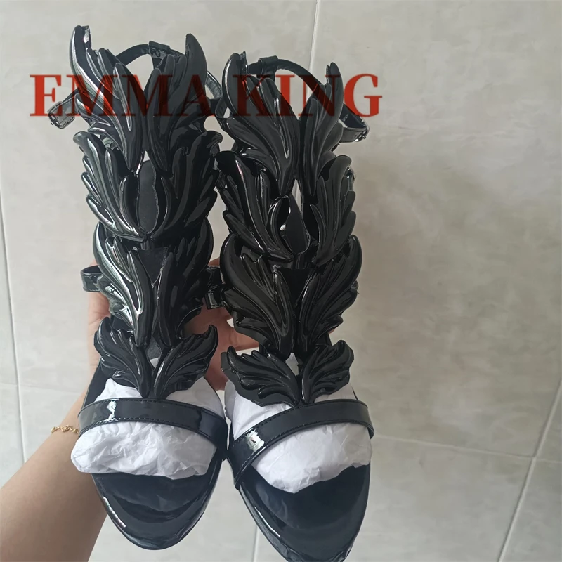 أجنحة سوداء كعب ستيليتو صندل مثير عالية الكعب المفتوحة تو ورقة الصنادل كل مباراة مأدبة حفلة المدرج أحذية نسائية الصيف