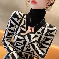 Early Spring Women Y2k Knitted Slim Pullover Elasticity Vintage Fashion Sweaters Turtleneck Chic Geometric Jacquard Knitwear Top