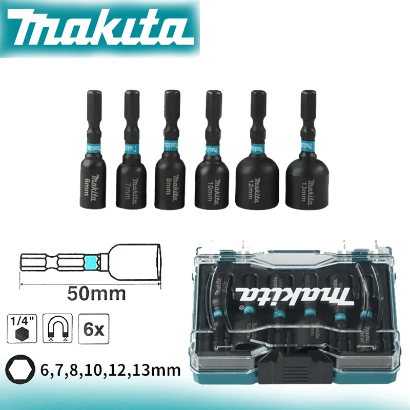 Makita E-18035 Hexagonal Handle Magnetic Sleeve 6-Pcs Set 1/4\'\'In Resistant Sleeve Electric Screwdriver Bit Power Tools Accessor