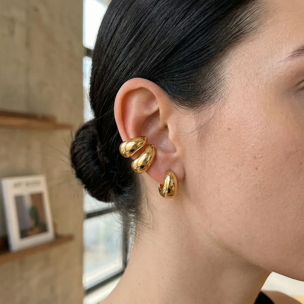 Retro Alloy Multilayer Hollow Ear Clips Gold Water Drop Fake Piercing Earrings Silver Irregular Shape Ear Cuff Jewelry Women - view 3