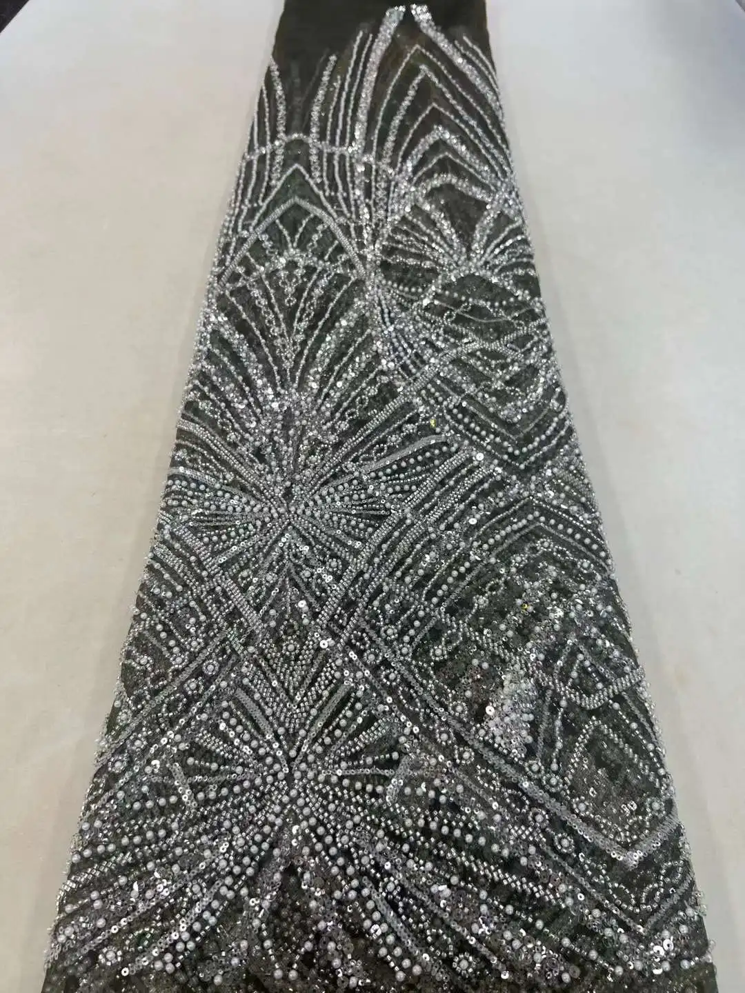 24H-10132 African French Mesh Lace Fabric with Sequins 2023 High Quality African Tulle Material for Sewing Wedding Party Dresses