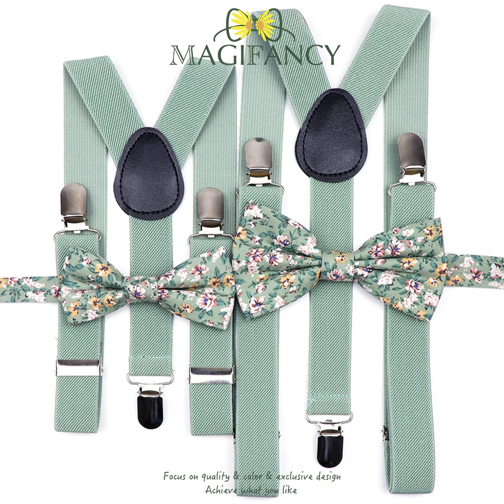 Men Kids Sage Green Ginger Purple Elastic Suspender Floral Cotton Bowtie Set Party Wedding Women Daily Butterfly Brace Accessory