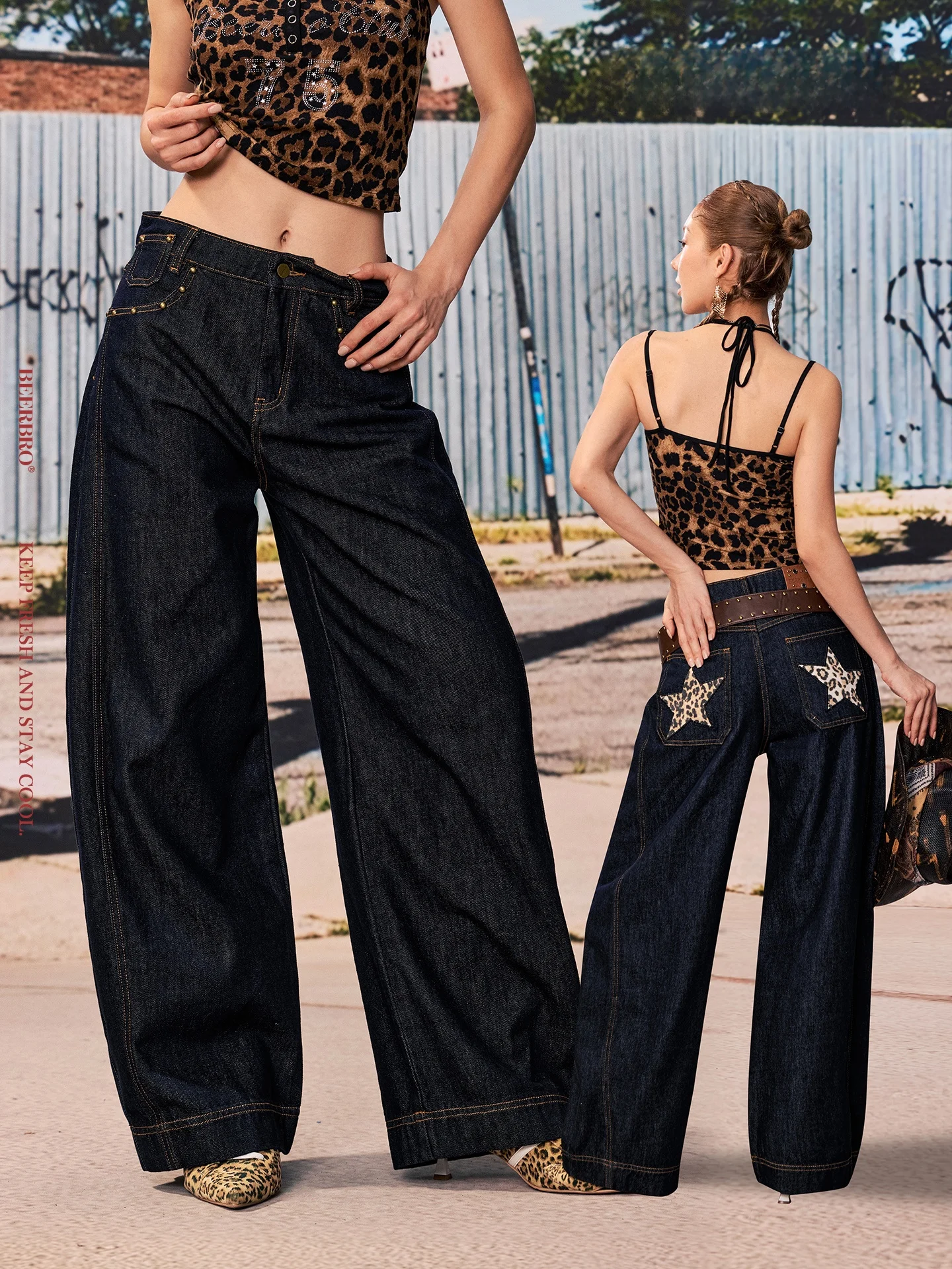 

Cool Spicy Retro Versatile Slim Fit Leopard Print Star Label Patch Washed Knife Jeans Low Waist Cotton Denim