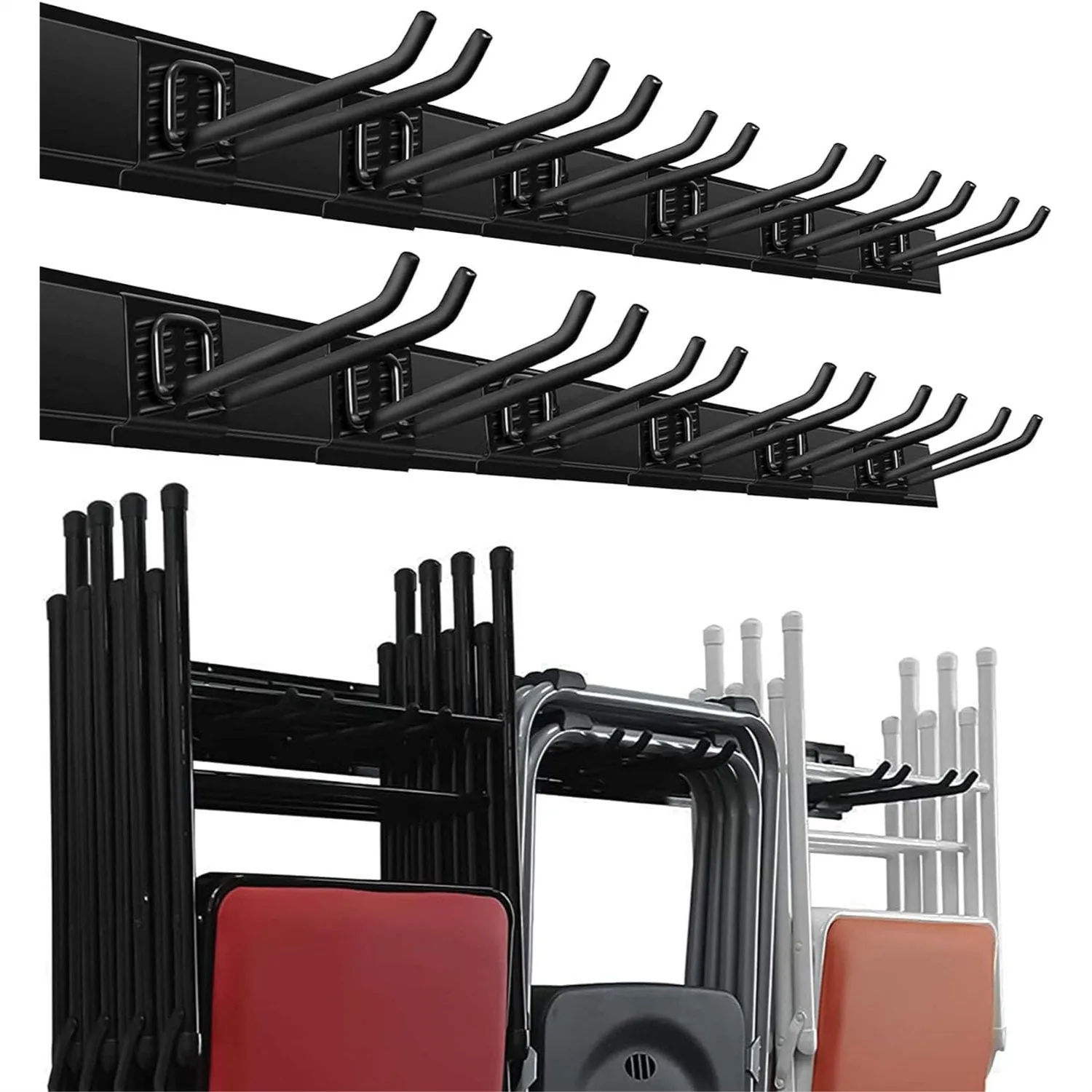 

Wall Mount Garage Storage System with 12 Adjustable Hooks, Heavy Duty 96in Track Holds 900lb for Tools, Garden Equipment, and