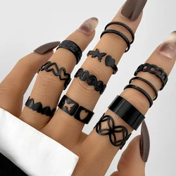 11pcs/set Hollow Heart Butterfly Rings Set For Women Vintage Metal Black Color Geometric Finger Ring 2023 Trendy Jewelry Gifts